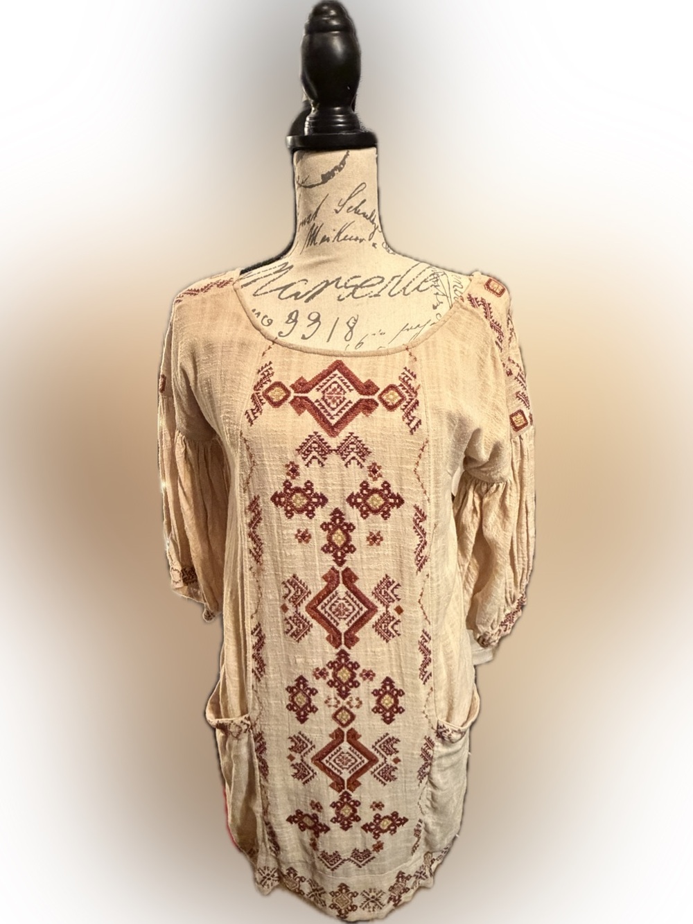 Free People Cream Tunic with Red Geometric Embroidery